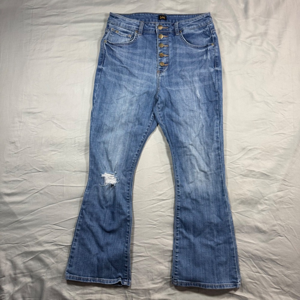 Lee Womens High Rise Flare Jeans Blue Distressed Button Fly Size 29x26